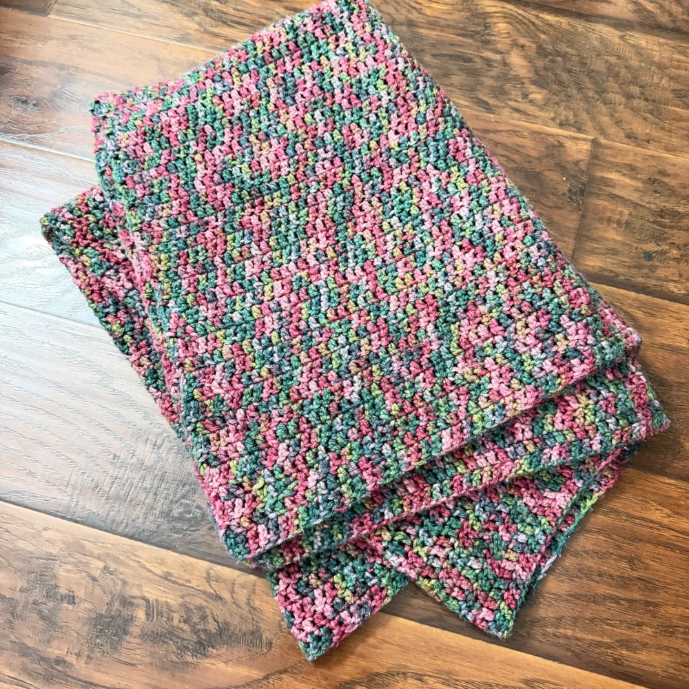 Handmade Crochet Lap Blanket Pink Green Blue Variegated Textured Throw Afghan